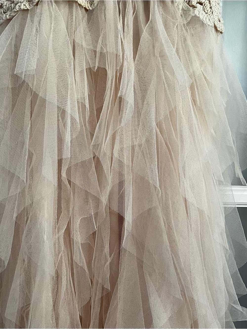 Sleeveless Crochet Bodice Tulle Midi Dress in Beige - Picture 8 of 9